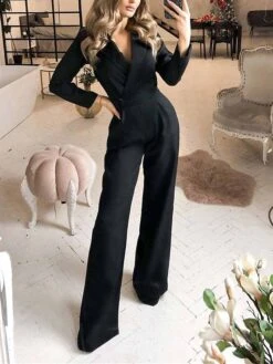Women's Jumpsuit For Special Occasions Pocket High Waist Solid Color V Neck Streetwear Office Work Regular Fit Long Sleeve Black White Wine S M L Summer -Cheap Plus Fit Dress Store yfyyqv1680576944826