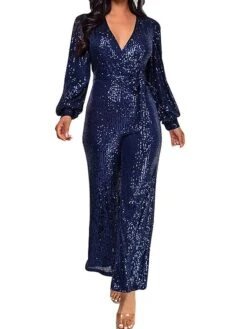 Women's Jumpsuit Lace Up Patchwork Solid Color V Neck Streetwear Party Street Regular Fit Long Sleeve Claret Champagne Gold Silver White S M L Fall -Cheap Plus Fit Dress Store yglvgw1697766350392