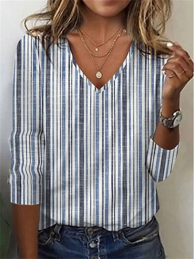 Women's T Shirt Tee Yellow Light Green Blue Striped Print Long Sleeve Daily Weekend Basic V Neck Regular Fit Painting Fall & Winter 1 Women's T Shirt Tee Yellow Light Green Blue Striped Print Long Sleeve Daily Weekend Basic V Neck Regular Fit Painting Fall & Winter