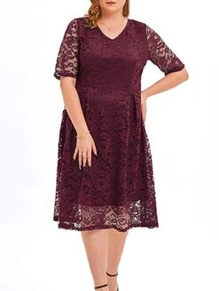 Women‘s Plus Size Curve Party Dress Lace Dress Cocktail Dress Midi Dress Black Pink Wine Half Sleeve Pure Color Lace Summer Spring Fall V Neck Fashion Birthday Wedding Guest Vacation 2023 -Cheap Plus Fit Dress Store ygphmd1691564497667