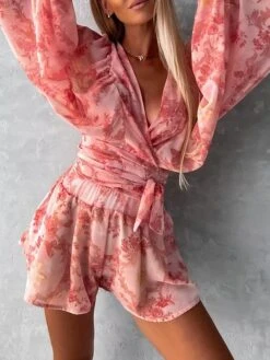 Women's Romper Print Floral V Neck Streetwear Street Going Out Regular Fit Long Sleeve Pink Red Blue S M L Summer 26 Women's Romper Print Floral V Neck Streetwear Street Going Out Regular Fit Long Sleeve Pink Red Blue S M L Summer -Cheap Plus Fit Dress Store yhhund1681877082308