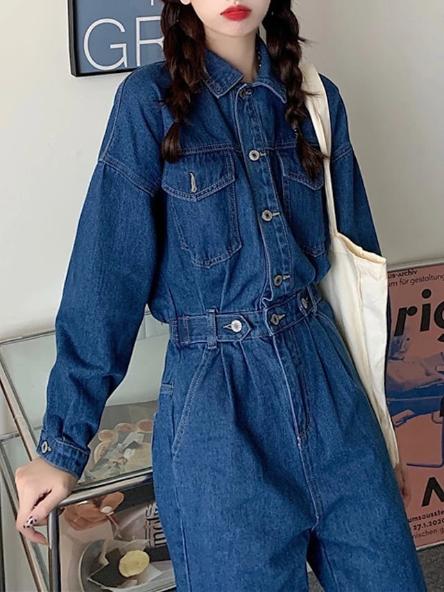 Women's Jumpsuit Button High Waist Solid Color Shirt Collar Streetwear Street Going Out Regular Fit Long Sleeve Blue S M L Winter 11 Women's Jumpsuit Button High Waist Solid Color Shirt Collar Streetwear Street Going Out Regular Fit Long Sleeve Blue S M L Winter - Image 11