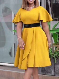 Women‘s Plus Size Curve Flattering Dresses Elegant Apple Shaped Dress Wedding Guest Work Dress Pure Color V Neck Ruffle Short Sleeve Spring Fall Work Knee Length Dress Going Out Work Dress -Cheap Plus Fit Dress Store yhnjqj1666680379186