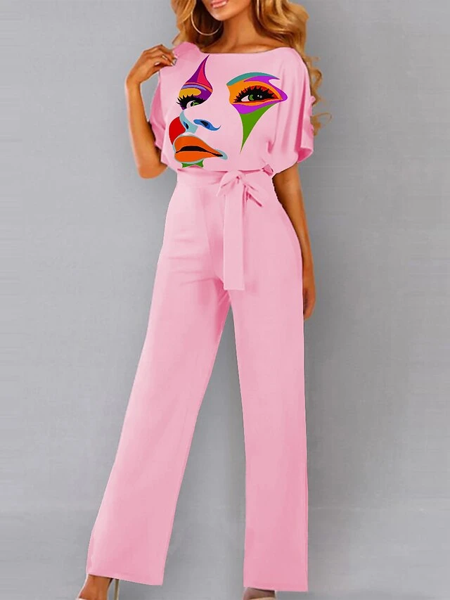 Women's Jumpsuit Drawstring Print Geometric Crew Neck Ordinary Daily Vacation Straight Loose Fit Short Sleeve T-shirt Sleeve White Yellow Pink S M L All Seasons 2 Women's Jumpsuit Drawstring Print Geometric Crew Neck Ordinary Daily Vacation Straight Loose Fit Short Sleeve T-shirt Sleeve White Yellow Pink S M L All Seasons - Image 2