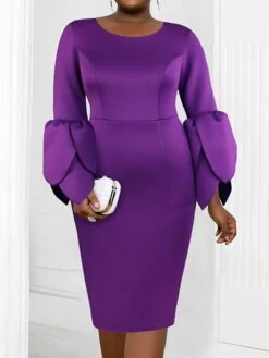 Women's Plus Size Curve Party Dress Cocktail Dress Work Dress Plain Midi Dress Long Sleeve Crew Neck Fashion Party Purple Fall Winter XL XXL 3XL 4XL