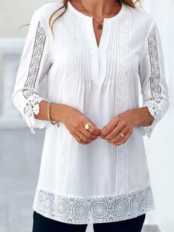 Women's Shirt Blouse White Eyelet Tops White Plain Lace Patchwork Cut Out Long Sleeve Daily Weekend Streetwear Casual V Neck Regular Fit Spring Fall