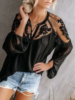 Women's Shirt Blouse Cotton Black White Plain Lace Up Lace Long Sleeve Casual Fashion Daily Basic V Neck Loose Fit Fall & Winter -Cheap Plus Fit Dress Store yinamz1663389714374