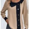 Women's Shirt Blouse Khaki Color Block Button Long Sleeve Work Fashion Round Neck Regular Fit Spring &Fall