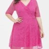 Women's Plus Size Curve Party Dress Lace Dress Cocktail Dress Midi Dress Fuchsia Half Sleeve Pure Color Lace Summer Spring Fall V Neck Fashion Birthday Wedding Guest Vacation 2023 XL XXL 3XL 4XL