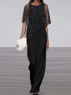 Women's Jumpsuit Mesh Sequin Solid Color Crew Neck Elegant Party Homecoming Straight Regular Fit Half Sleeve Black S M L Spring