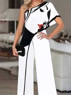 White Jumpsuit For Women Elegant OL Style Printed Evening Party One Shoulder High Waist Blue Black Wide Leg Pants