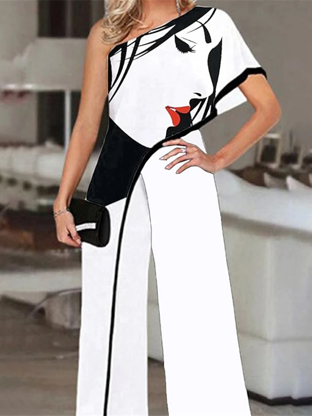White Jumpsuit For Women Elegant OL Style Printed Evening Party One Shoulder High Waist Blue Black Wide Leg Pants 1 White Jumpsuit For Women Elegant OL Style Printed Evening Party One Shoulder High Waist Blue Black Wide Leg Pants