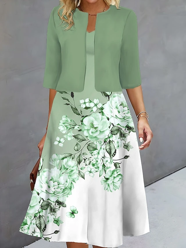 Women's Two Piece Dress Set Casual Dress Print Dress Outdoor Daily Fashion Elegant Print Midi Dress V Neck Half Sleeve Floral Regular Fit Blue Purple Green Fall Winter S M L XL XXL 2 Women's Two Piece Dress Set Casual Dress Print Dress Outdoor Daily Fashion Elegant Print Midi Dress V Neck Half Sleeve Floral Regular Fit Blue Purple Green Fall Winter S M L XL XXL - Image 2