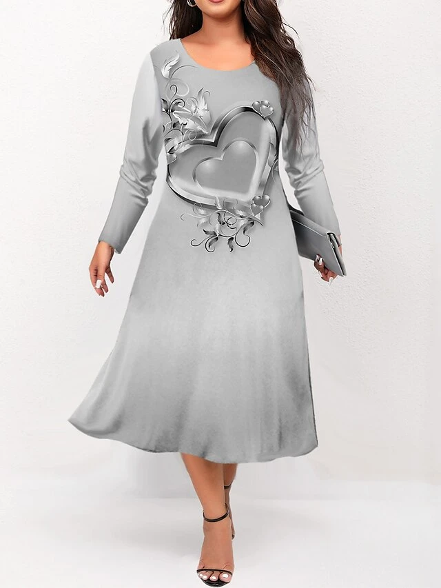 Women's Plus Size Curve Casual Dress Skater Dress A Line Dress Floral Heart Midi Dress Long Sleeve Print Crew Neck Fashion Outdoor Blue Purple Fall Winter L XL XXL 3XL 4XL 2 Women's Plus Size Curve Casual Dress Skater Dress A Line Dress Floral Heart Midi Dress Long Sleeve Print Crew Neck Fashion Outdoor Blue Purple Fall Winter L XL XXL 3XL 4XL - Image 2