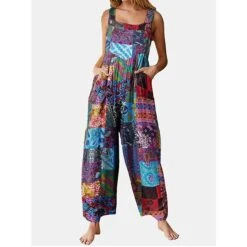 Healter Jumpsuit Women Dungarees Loose Long Trug Life Sleeveless Rompers Baggy Summer Trousers Patchwork Vintage Printed Playsuits Suspender Rompers With Pockets -Cheap Plus Fit Dress Store yjxqur1620112838314