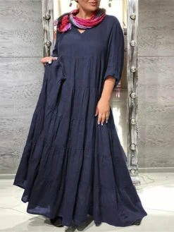 Women's Casual Dress Cotton Dress Maxi Long Dress Cotton Basic Classic Outdoor Daily Vacation V Neck Ruched Long Sleeve Spring Fall Winter 2023 Loose Fit White Blue Brown Plain S M L XL 2XL -Cheap Plus Fit Dress Store yjzele1692695637949