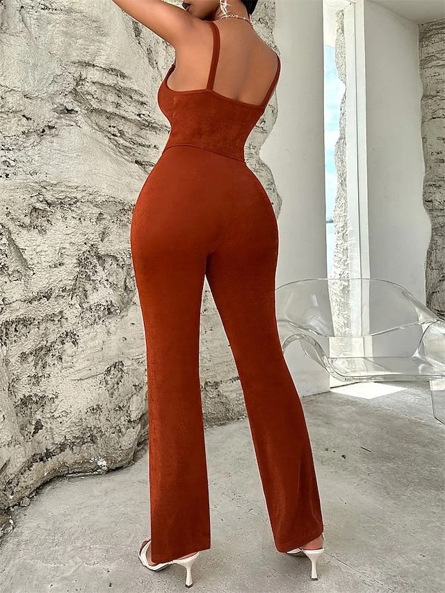 Women's Jumpsuit Backless High Waist Solid Color V Neck Streetwear Street Daily Slim Sleeveless Brown S M L Fall 3 Women's Jumpsuit Backless High Waist Solid Color V Neck Streetwear Street Daily Slim Sleeveless Brown S M L Fall - Image 3