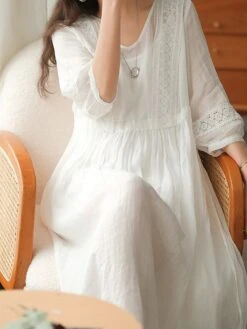 Women's Casual Dress Cotton Linen Dress Swing Dress Midi Dress Cotton Blend Basic Casual Outdoor Daily V Neck Ruched 3/4 Length Sleeve Summer Spring 2023 Loose Fit Black White Yellow Pure Color M L -Cheap Plus Fit Dress Store ykspah1677135413702