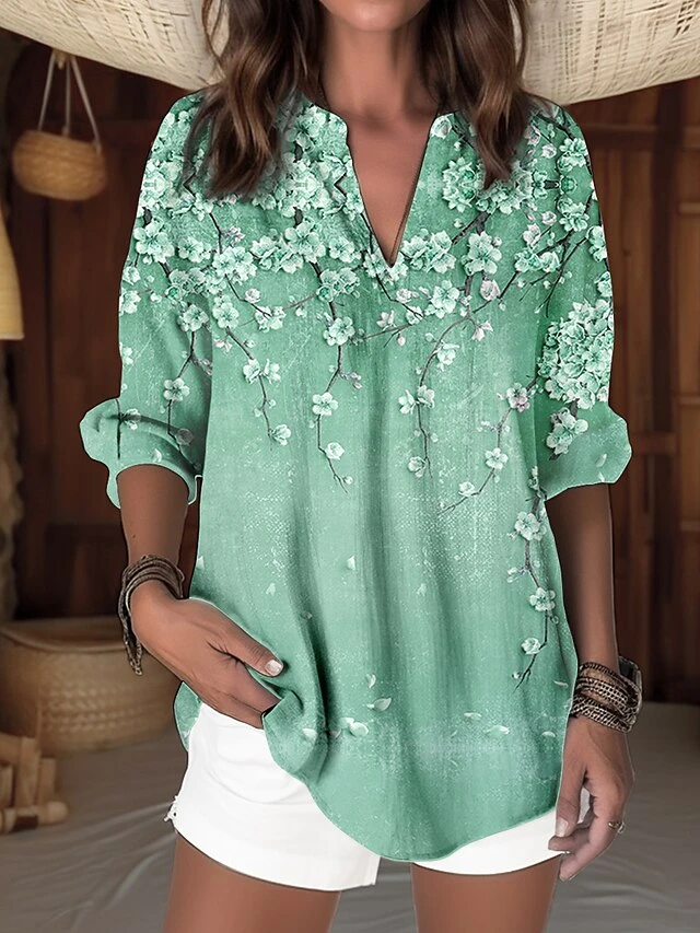 Women's Shirt Blouse Red Blue Purple Floral Print Long Sleeve Casual Holiday Basic V Neck Regular Fit Floral Spring &Fall 3 Women's Shirt Blouse Red Blue Purple Floral Print Long Sleeve Casual Holiday Basic V Neck Regular Fit Floral Spring &Fall - Image 3