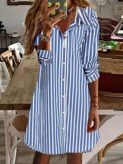 Women's Shirt Dress Casual Dress Mini Dress Outdoor Daily Polyester Fashion Modern Shirt Collar Button Print Long Sleeve Summer Spring Fall 2023 Loose Fit Blue Khaki Striped S M L XL 2XL