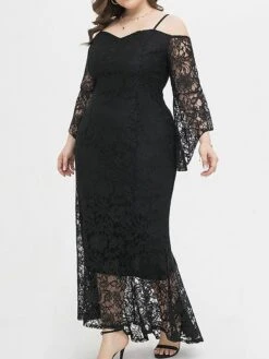 Women's Plus Size Prom Dress Party Dress Lace Dress Long Dress Maxi Dress Black Pink Wine Long Sleeve Pure Color Lace Spring Fall Winter Cold Shoulder Fashion Wedding Guest Birthday Evening Party 2023 -Cheap Plus Fit Dress Store ylwmfo1693535467596
