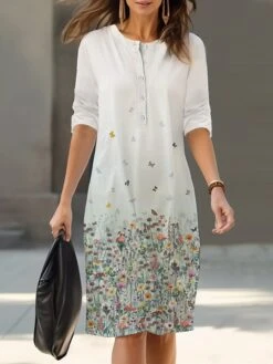 Women's Shirt Dress Casual Dress Cotton Linen Dress Midi Dress Polyester Fashion Casual Daily Outdoor Daily Vacation Crew Neck Button Print 3/4 Length Sleeve Spring Fall Autumn 2023 Loose Fit Light -Cheap Plus Fit Dress Store ymcndj1693367524936