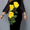 Women‘s Plus Size Curve Lace Dress Work Dress Sheath Dress Floral Midi Dress Long Sleeve Mesh Patchwork Crew Neck Fashion Outdoor Black Spring Summer L XL XXL 3XL 4XL