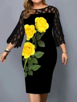 Women‘s Plus Size Curve Lace Dress Work Dress Sheath Dress Floral Midi Dress Long Sleeve Mesh Patchwork Crew Neck Fashion Outdoor Black Spring Summer L XL XXL 3XL 4XL