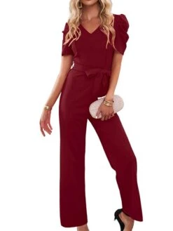 Women's Jumpsuit Lace Up Solid Color V Neck Streetwear Holiday Vacation Regular Fit Short Sleeve Black Wine Red S M L Spring -Cheap Plus Fit Dress Store ymlqrv1673405782605