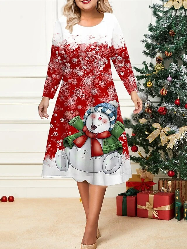 Women's Christmas Plus Size Curve Casual Dress Skater Dress A Line Dress Santa Claus Snowman Midi Dress Long Sleeve Print Crew Neck Fashion Outdoor Deep Pink White Fall Winter L XL XXL 3XL 4XL 3 Women's Christmas Plus Size Curve Casual Dress Skater Dress A Line Dress Santa Claus Snowman Midi Dress Long Sleeve Print Crew Neck Fashion Outdoor Deep Pink White Fall Winter L XL XXL 3XL 4XL - Image 3