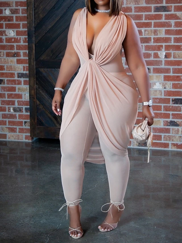 Women's Jumpsuit High Waist Solid Color V Neck Streetwear Street Holiday Regular Fit Sleeveless Black White Pink L XL XXL Summer 2 Women's Jumpsuit High Waist Solid Color V Neck Streetwear Street Holiday Regular Fit Sleeveless Black White Pink L XL XXL Summer - Image 2