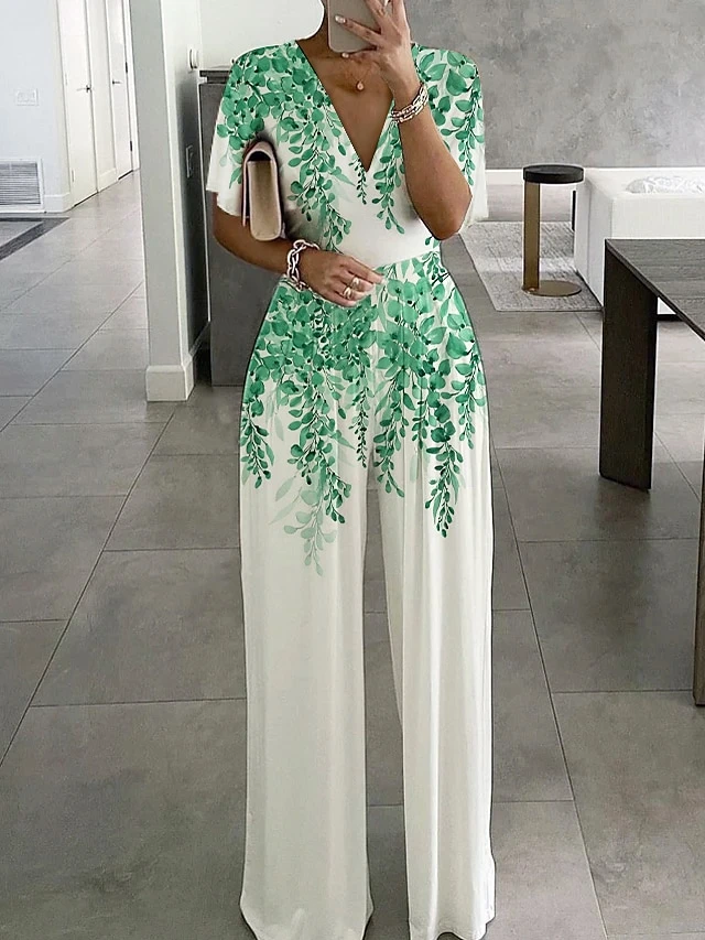 Women‘s Jumpsuit Print Floral V Neck Elegant Wedding Business Holiday Straight Regular Fit Short Sleeve T-shirt Sleeve Blue Purple Green S M L Summer 2 Women‘s Jumpsuit Print Floral V Neck Elegant Wedding Business Holiday Straight Regular Fit Short Sleeve T-shirt Sleeve Blue Purple Green S M L Summer - Image 2