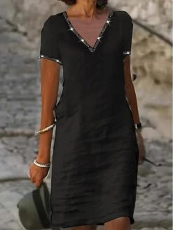 Women's Casual Dress Cotton Linen Dress Shift Dress Midi Dress Cotton Blend Basic Modern Outdoor Daily Vacation V Neck Beads Short Sleeve Summer Spring 2023 Regular Fit Black Plain S M L XL 2XL