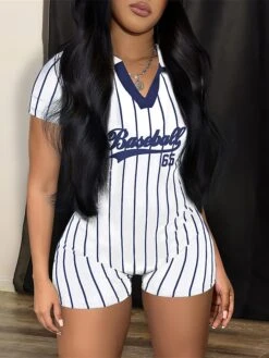 Women's Romper Baseball Workout Bodysuit Print Letter Shirt Collar Active Sport Daily Regular Fit Short Sleeve Black White Yellow XS S M Summer Fall Gym -Cheap Plus Fit Dress Store yoslfm1690528578372