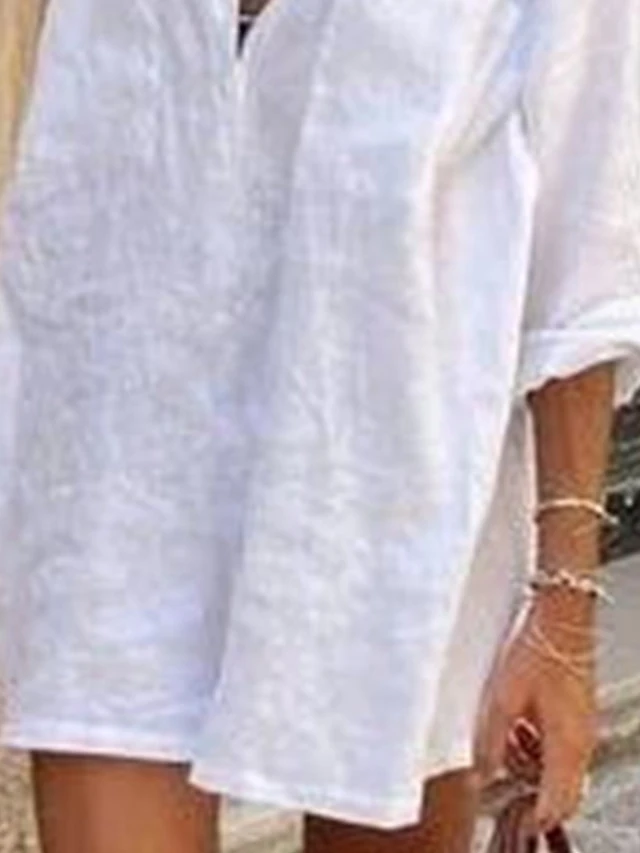 Women's Cotton Linen Dress Casual Dress Shift Dress Mini Dress Cotton Blend Modern Casual Outdoor Daily Shirt Collar Pocket 3/4 Length Sleeve Summer Spring Fall 2023 Regular Fit White Plain S M L XL 3 Women's Cotton Linen Dress Casual Dress Shift Dress Mini Dress Cotton Blend Modern Casual Outdoor Daily Shirt Collar Pocket 3/4 Length Sleeve Summer Spring Fall 2023 Regular Fit White Plain S M L XL - Image 3
