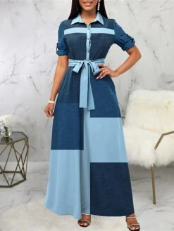 Women's Shirt Dress Casual Dress Swing Dress Maxi Long Dress Outdoor Daily Vacation Polyester Fashion Modern Shirt Collar Lace Up Button Half Sleeve Summer Spring Fall 2023 Loose Fit Blue Plaid Color