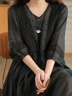 Women's Casual Dress Cotton Linen Dress Swing Dress Midi Dress Cotton Blend Basic Casual Outdoor Daily V Neck Ruched 3/4 Length Sleeve Summer Spring 2023 Loose Fit Black White Yellow Pure Color M L -Cheap Plus Fit Dress Store yphuug1677135411193