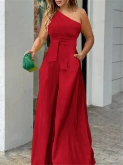 Women's Jumpsuit For Special Occasions Pocket High Waist Solid Color One Shoulder Streetwear Party Office Regular Fit Sleeveless Black Yellow Red S M L Summer -Cheap Plus Fit Dress Store ypiivs1679396958250