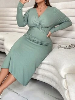 Women's Plus Size Curve Casual Dress Winter Dress Bodycon Solid Color Midi Dress Long Sleeve Ruched V Neck Fashion Outdoor Green Fall Winter XL XXL 3XL -Cheap Plus Fit Dress Store yplmlw1697706464617