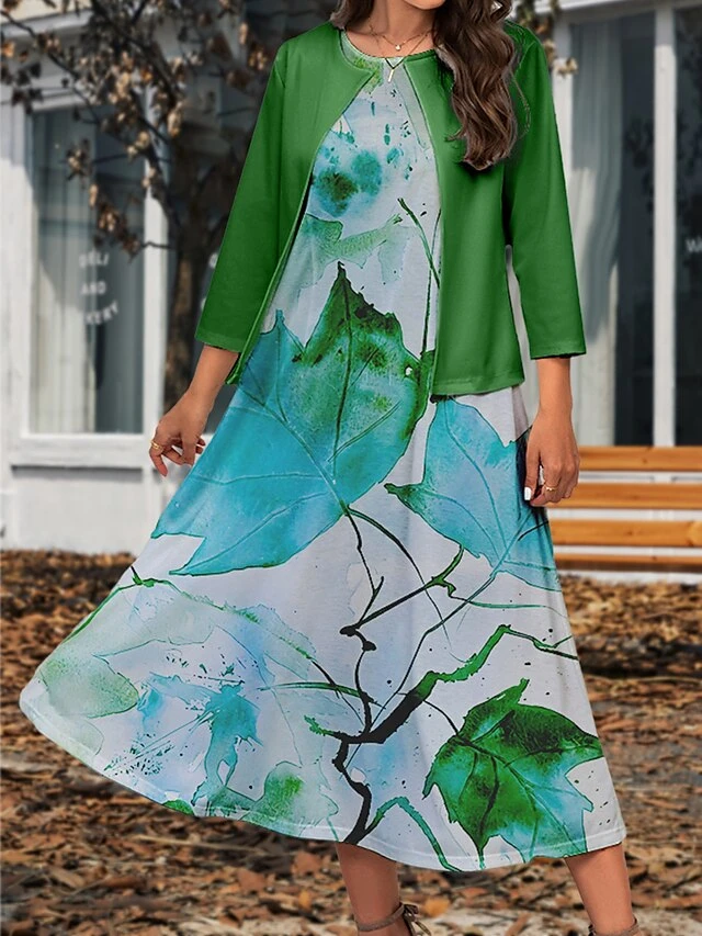 Women's Two Piece Dress Set Casual Dress Swing Dress Outdoor Office Fashion Streetwear Print Midi Dress Crew Neck 3/4 Length Sleeve Leaf Regular Fit Yellow Green Gray Fall Winter S M L XL XXL 4 Women's Two Piece Dress Set Casual Dress Swing Dress Outdoor Office Fashion Streetwear Print Midi Dress Crew Neck 3/4 Length Sleeve Leaf Regular Fit Yellow Green Gray Fall Winter S M L XL XXL - Image 4