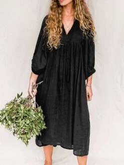 Women's Shirt Dress Casual Dress Midi Dress Outdoor Daily Date Cotton Basic Classic V Neck Ruched Long Sleeve Fall Winter 2023 Loose Fit Black Green Apricot Pure Color S M L XL -Cheap Plus Fit Dress Store ypwfcl1695096314967