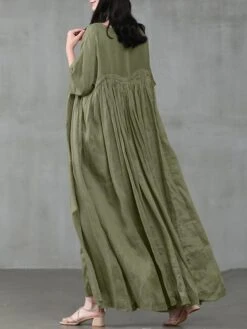Women's Casual Dress Cotton Linen Dress Swing Dress Long Dress Maxi Dress Black Pink Green Short Sleeve Pure Color Ruched Spring Fall Autumn Crew Neck Elegant Vacation Loose Fit 2022 S M L XL XXL 3XL -Cheap Plus Fit Dress Store yqcxax1629970908770