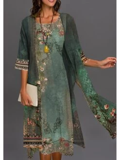 Women's Dress Set Two Piece Dress Emerald Green Dress Midi Dress Green 3/4 Length Sleeve Floral Print Winter Fall Spring U Neck Fashion Daily 2023 S M L XL 2XL 3XL