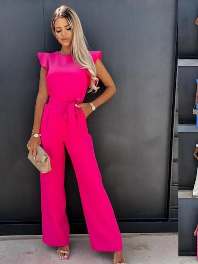 Women's Jumpsuits Casual Summer Lace Up Ruffle Solid Color Round Neck Elegant Party Going Out Regular Fit Short Sleeve White Blue Pink S M L Spring Fall 16 Women's Jumpsuits Casual Summer Lace Up Ruffle Solid Color Round Neck Elegant Party Going Out Regular Fit Short Sleeve White Blue Pink S M L Spring Fall - Image 16