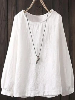 Women's Shirt Blouse Cotton Light Blue Black White Plain Long Sleeve Causal Crew Neck Regular Fit Spring Fall