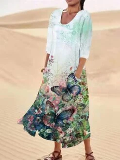 Women's Casual Dress Cotton Linen Dress Swing Dress Maxi Long Dress Polyester Fashion Casual Daily Outdoor Daily Vacation V Neck Pocket Print Long Sleeve Summer Spring Fall 2023 Loose Fit Light Green -Cheap Plus Fit Dress Store yrbiws1690540461685