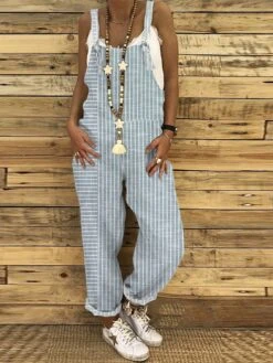 One Piece Jumpsuits For Women Overall Pocket Print Striped U Neck Holiday Daily Vacation Straight Regular Fit Sleeveless Sleeveless Blue Green S M L Summer