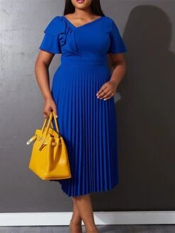 Women‘s Plus Size Curve Party Dress Solid Color V Neck Ruched Short Sleeve Fall Spring Work Prom Dress Maxi Long Dress Party Holiday Dress Ruffle -Cheap Plus Fit Dress Store yrivib1648636998156