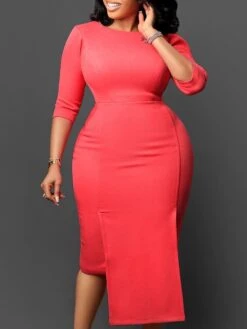 Women‘s Plus Size Curve Work Dress Bodycon Sheath Dress Solid Color Midi Dress 3/4 Length Sleeve Crew Neck Fashion Office White Pink Summer Spring L XL XXL 3XL -Cheap Plus Fit Dress Store yrrwse1679550419107