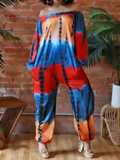 Women's Jumpsuit Pocket Print Tie Dye Off Shoulder Streetwear Street Daily Regular Fit Long Sleeve Red S M L Summer -Cheap Plus Fit Dress Store yrrxgs1679469303674